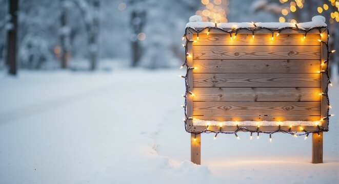 Festive wooden sign with glowing Christmas lights in a snowy winter scene. Blank holiday background with copy space for a message - Powered by Adobe