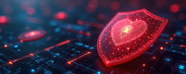 Digital shield protects heart symbol on circuit board. Data security and privacy concept with glowing red lock. Network protection and cyber defense.