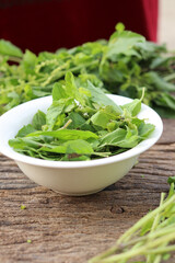 Fresh holy basil leaves on rustic wood