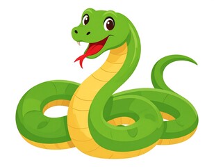 Fototapeta premium A cartoon green snake with a yellow underbelly, coiled and looking to the left with a red tongue