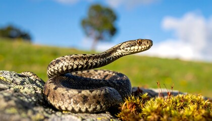 Obraz premium A patterned viper coils atop a rock, sunlit against a bright green field, a tree, and blue sky with scattered clouds