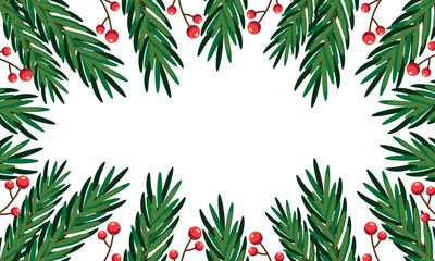 A Christmas frame with fir branches and holly berries. Vector illustration for Christmas and New Year.
