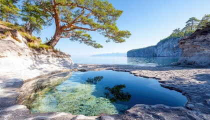 A scenic view of a natural pool on a rocky shoreline, reflecting a pine tree and the sky. In the background, a calm lake stretches towards distant cliffs under