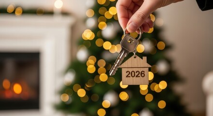 Holding keys to a new home in 2026 with christmas tree