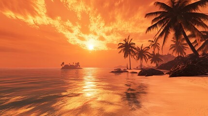 Tropical sunset beach paradise, calm ocean, island view, relaxing vacation.
