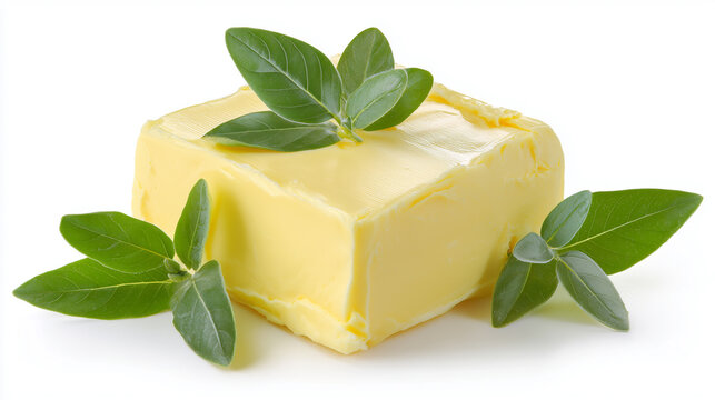 A rich, pale-yellow block of butter rests on a clean white background. Ideal for food photography, culinary demonstrations, or ingredient highlights in recipes and kitchen projects.