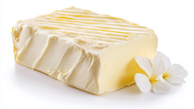 A rich, pale-yellow block of butter rests on a clean white background. Ideal for food photography, culinary demonstrations, or ingredient highlights in recipes and kitchen projects.