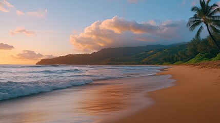 Tropical sunset beach, ocean waves, palm trees, mountains, peaceful evening.