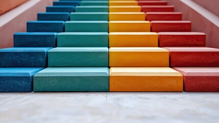A vibrant set of outdoor stairs, painted in a gradient of rainbow colors from blue to green, yellow, and red, ascending upwards. The image is shot from a low an