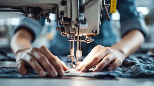 Skilled tailor sewing fabric on industrial sewing machine in workshop focusing on precision and craftsmanship