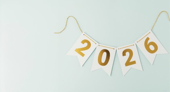 Year 2026 banner with gold numbers on a pastel blue background. Happy New Year celebration and future planning concept with copy space