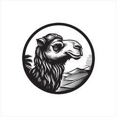 Vector logo illustration of a camel head in a circle frame against a desert background