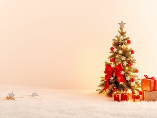 Festive christmas tree with gifts on faux snow, with copy space
