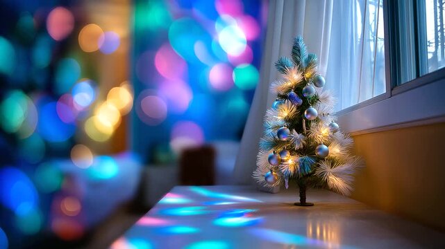 Soft-focus shot of an iridescent holiday tree standing in a vibrant festive room, abstract colorful light patterns around it, faceless and atmospheric, with copy space