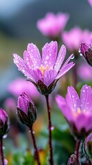 Close-up of delicate purple flowers covered in glistening water droplets, with soft bokeh background.