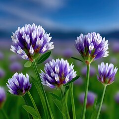 Close-up view of several purple clover flowers in bloom, set against a blurred green field and a bright blue sky. The lighting is natural and highlights the del