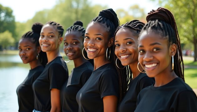 Group of young african american women wearing black t shirts stand together in park near lake. Their braided hair and hoop earrings stand out against sunny day. They smile looking at camera.