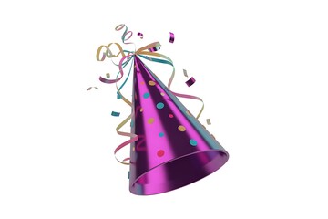 Get ready to celebrate with a vibrant purple party hat and colorful confetti, perfect for birthday celebrations, festive events, and joyful gatherings