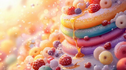 A vibrant stack of rainbow-colored pancakes topped with fresh raspberries and blueberries, drizzled with golden honey. The background features a soft, dreamy bo
