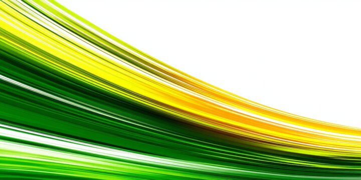 Dynamic abstract flow features vibrant green and yellow light trails against a white background