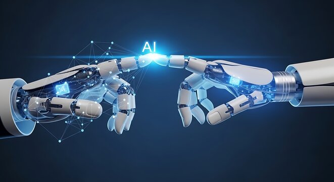Robotic hands reaching to connect with glowing ai text, symbolizing artificial intelligence, future technology, and digital innovation