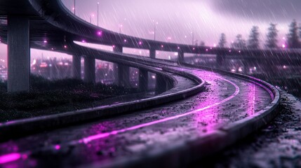 A multi-level highway overpass curves through a city at night, illuminated by glowing pink neon lights and falling rain.