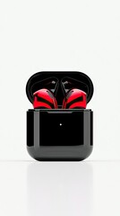 A pair of red and black wireless earbuds sit open inside their black charging case, presented against a clean white background with soft studio lighting.