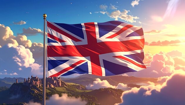 UK flag waving proudly in a vibrant, cartoonish style, with rolling hills and a castle in the background - Powered by Adobe