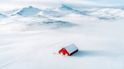 A solitary red barn stands in a vast, snow-covered landscape, with misty mountains in the background. The scene evokes a sense of winter isolation and tranquili