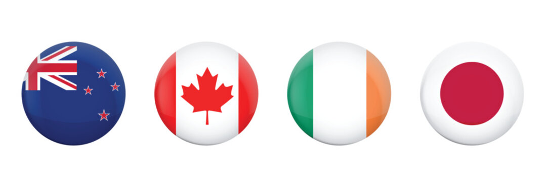 Glossy round flag icons of New Zealand, Canada, Ireland, and Japan. High-quality, bright, modern symbols perfect for apps, websites, presentations, education, and international projects.