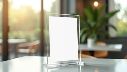 Blank acrylic menu frame stands on cafe table. Mockup modern display is ready for branding advertisement. Empty template offers promotion in restaurant or coffee shop. White paper for copy space.