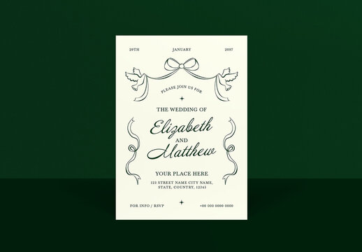 Beige Green Hand Drawn Wedding Invitation