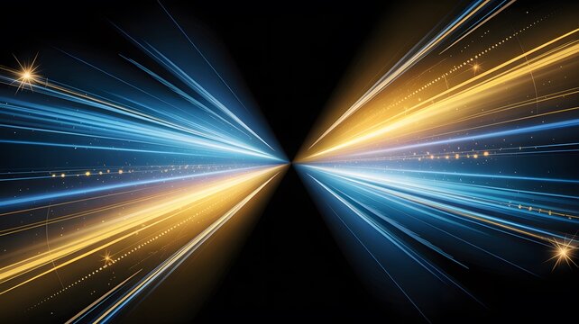 Abstract light trails converging blue and gold energy burst on black