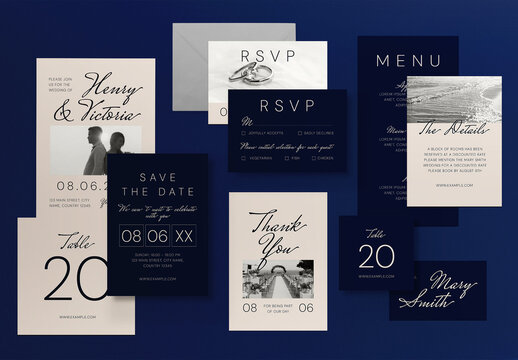 Blue Minimalist Elegant Wedding Invitation Set