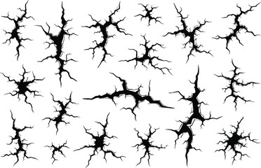 Set of black cracks on a surface, broken ground or wall effects Vector illustration