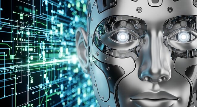 Futuristic silver robot head with glowing eyes, representing artificial intelligence, advanced technology, and the future of digital computing