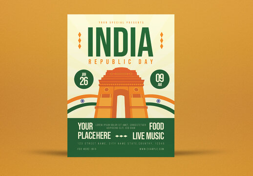 Green Bold Bright Color Flat Design India Republic Day Flyer Layout