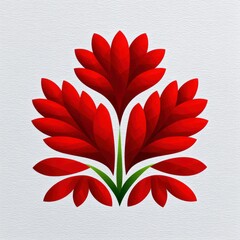 A stylized floral design with vibrant red petals and green stems against a textured white background. The composition is symmetrical and decorative.