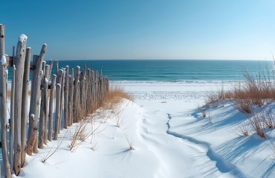 Winter beach landscape with sand fence and dry grass. Snow covers sand dunes. Blue ocean waves meet white shore under clear sky. Calm wintry scene.
