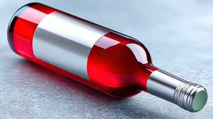 A close-up, high-angle shot of a red wine bottle lying on its side on a textured, grey surface. The bottle has a blank, silver label and a silver cap. The light