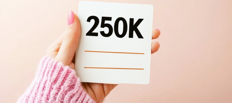 Close Up View of Manicured Female Hand Holding Advertisement Card Labeled 250K for Commerce Matters