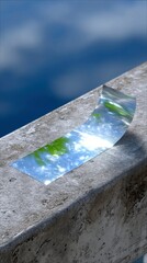 A reflective strip on a concrete ledge reflects the blue sky and green trees, suggesting a bright, clear day.