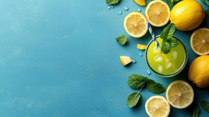 A glass of bright green lemonade with ice and a mint sprig, surrounded by whole and sliced lemons and mint leaves, on a textured blue surface. Bright daylight.