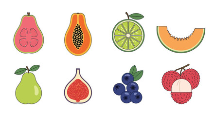 Assortment of vibrant sliced fruits in simple flat design style illustration