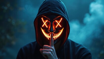 Person in black hoodie with neon glowing mask against blurred background. Man puts finger to lips asking for silence. Hacker or anonymous concept related to security breach.