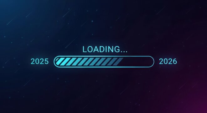 Loading bar transitioning from 2025 to 2026 with a futuristic glow