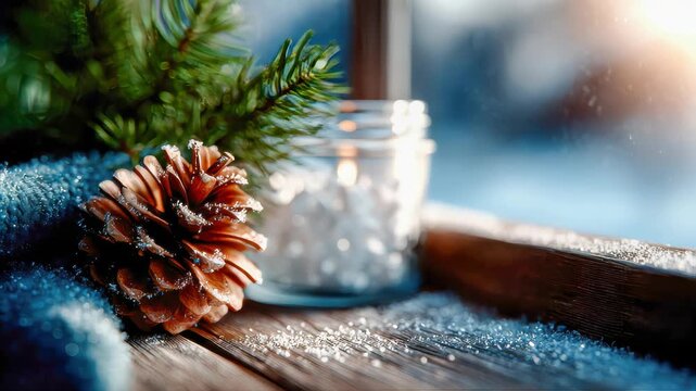 Frosted pinecone with evergreen branch and glass jar on a snowy wooden windowsill in warm winter light