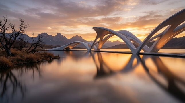 A bridge over water with mountains in the background during a beautiful sunset sky reflection view - Powered by Adobe