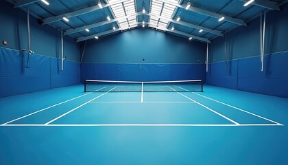 Indoor tennis court with vibrant blue surface, white markings. Facility has bright overhead lighting, padded walls. Tennis net divides court. This space is ready for matches, practice sessions.