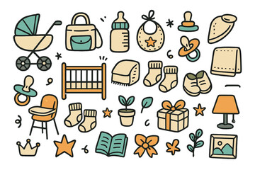 Collection of baby items including a crib, stroller, and a book